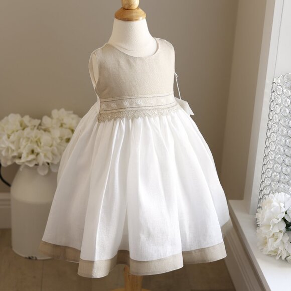 Linen White Dress Beige Embroidered Lace Italian Luxury Designer 18 Month NWT
